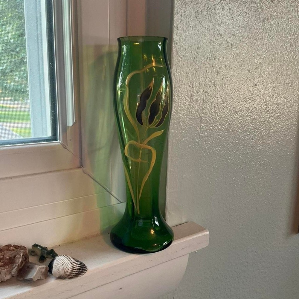 Vintage Green 1970s Handpainted Bottle Vase Gold Design Upcycled Retro Fairy